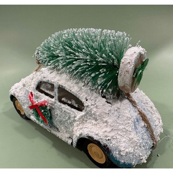 Vintage 1960s Tonka VW Beetle Holiday Snow Car with Bottle Brush Tree Assemblage - Picture 5 of 6